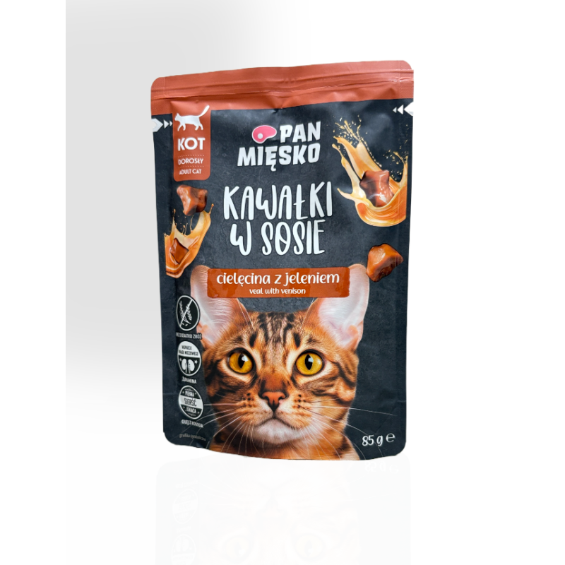 Pan Mięsko Kawałki w Sosie dla Kota Cielęcina z Jeleniem 85g | mokra karma dla kota