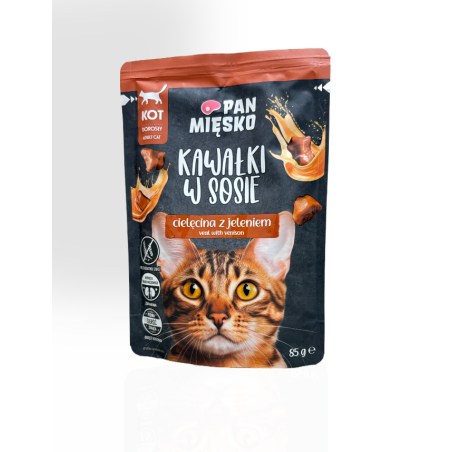 Pan Mięsko Kawałki w Sosie dla Kota Cielęcina z Jeleniem 85g | mokra karma dla kota