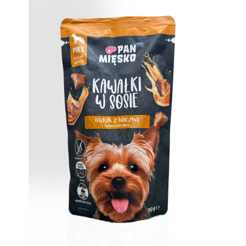 Pan Mięsko Kawałki w Sosie dla Psa Indyk z Kaczką 150g | mokra karma dla psa
