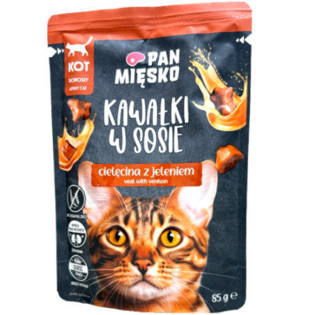 Pan Mięsko Kawałki w Sosie dla Kota Cielęcina z Jeleniem 85g | mokra karma dla kota